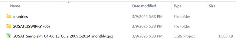 The file composition of the sample project. A folder with dataset name, a countries folder and a qgz file are available