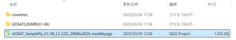 サンプルプロジェクトのファイル構成。データセット名のフォルダ、countriesフォルダと、qgzファイルがあります。